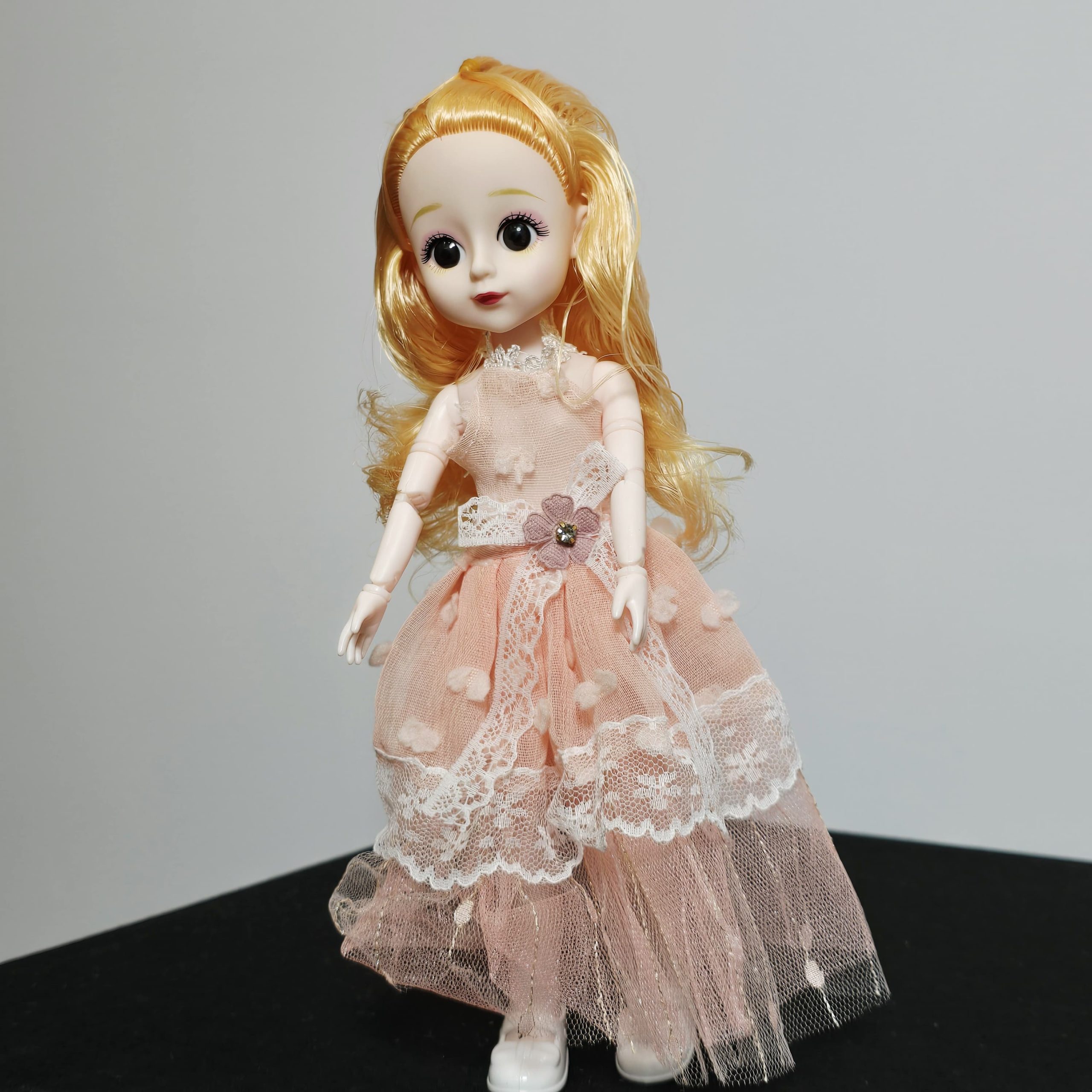 Elegant 12-Inch Ball-Jointed Fashion Doll with Peach Lace Gown - Image 2