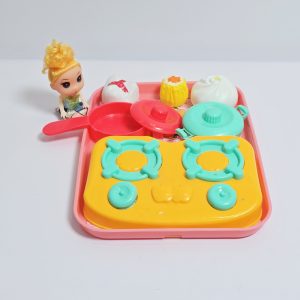 Kids Mini Kitchen Stove Playset with Doll – Pretend Cooking Toy Set with Dim Sum & Cookware