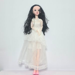 Elegant 14-Inch Beautiful Fashion Doll with Long Black Hair and White Lace Gown